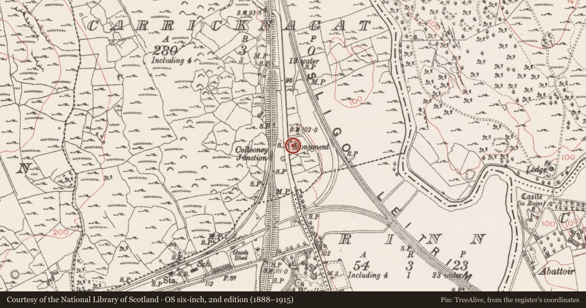 Ordnance Survey six-inch map, 2nd edition (1888–1915) covering the location of Battlefield, County Sligo, with a pin at the register's coordinates