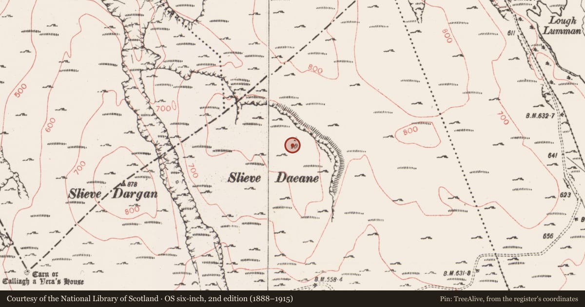 Ordnance Survey six-inch map, 2nd edition (1888–1915) covering the location of Cairn - unclassified, Castledargan, County Sligo, with a pin at the register's coordinates