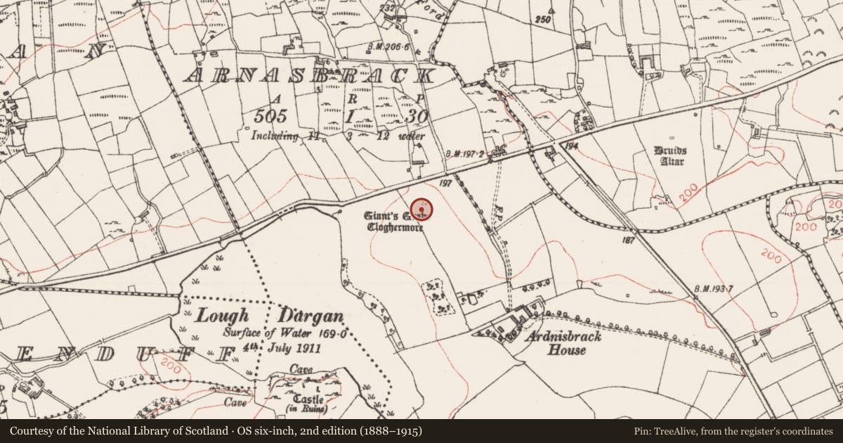 Ordnance Survey six-inch map, 2nd edition (1888–1915) covering the location of Megalithic tomb - court tomb, Arnasbrack, County Sligo, with a pin at the register's coordinates
