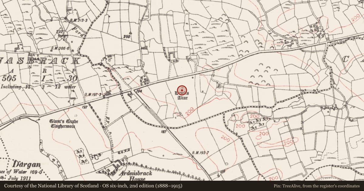 Ordnance Survey six-inch map, 2nd edition (1888–1915) covering the location of Megalithic tomb - court tomb, Carrownagh, County Sligo, with a pin at the register's coordinates