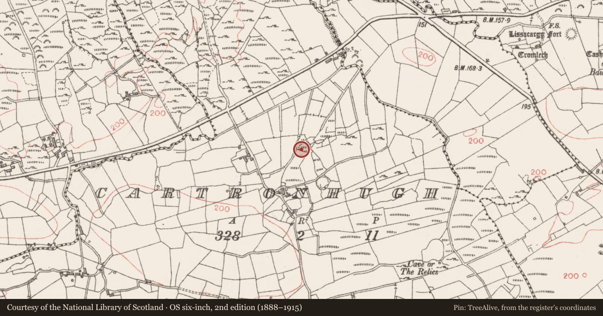 Ordnance Survey six-inch map, 2nd edition (1888–1915) covering the location of Souterrain, Cartronhugh, County Sligo, with a pin at the register's coordinates
