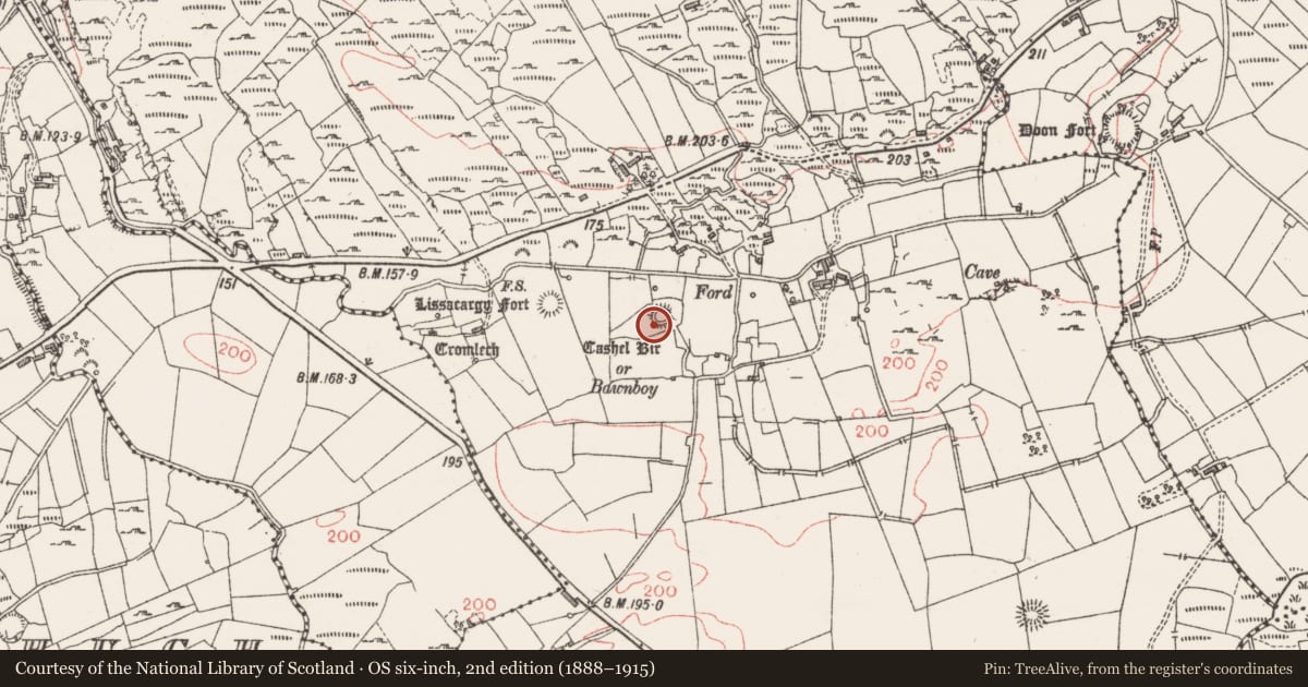 Ordnance Survey six-inch map, 2nd edition (1888–1915) covering the location of Souterrain, Castleore, County Sligo, with a pin at the register's coordinates