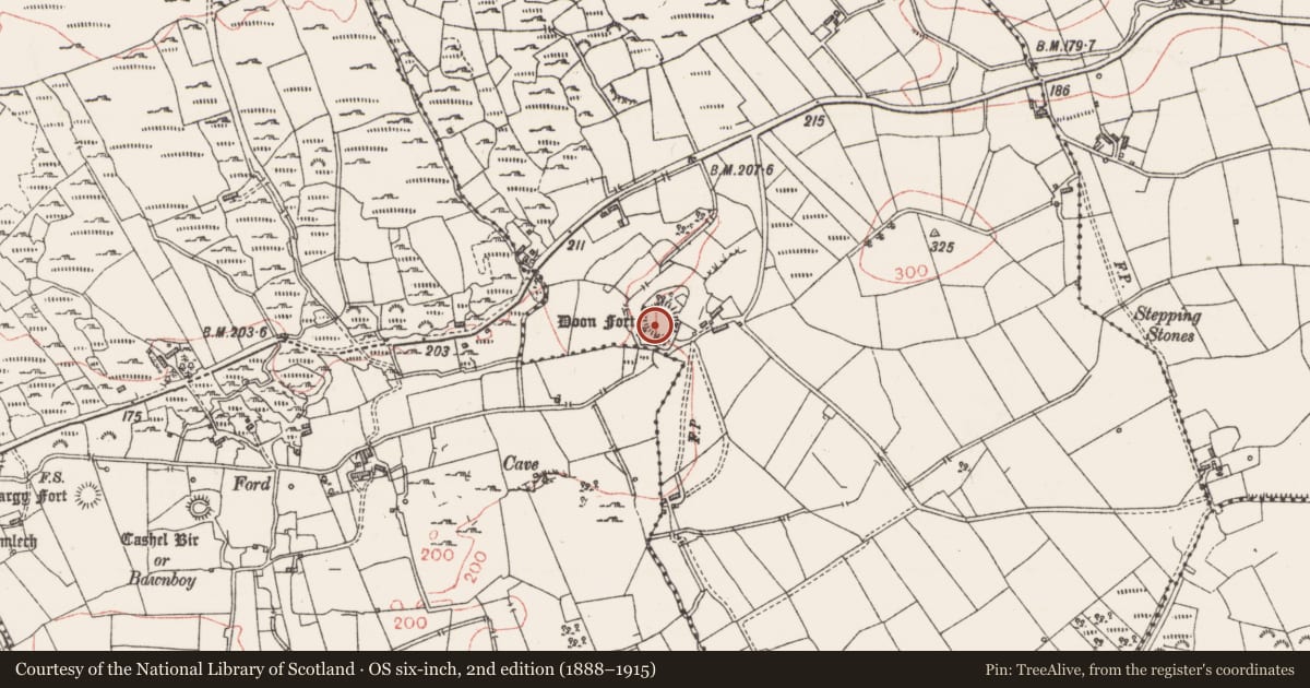 Ordnance Survey six-inch map, 2nd edition (1888–1915) covering the location of Cliff-edge fort, Dromore, County Sligo, with a pin at the register's coordinates