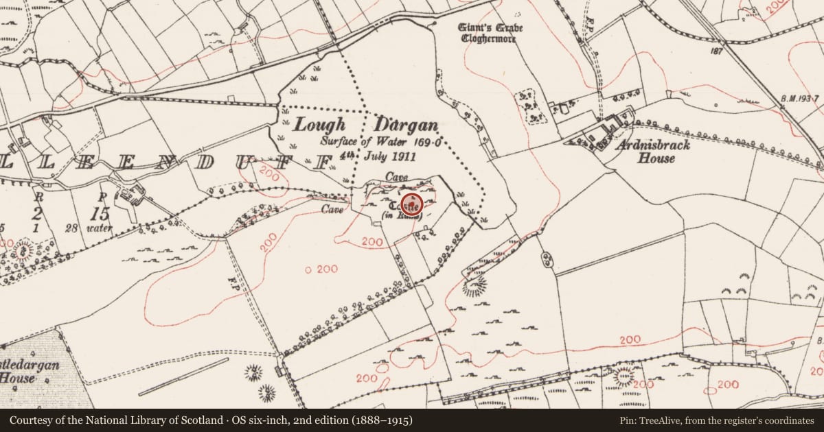 Ordnance Survey six-inch map, 2nd edition (1888–1915) covering the location of Castle - tower house, Castledargan, County Sligo, with a pin at the register's coordinates