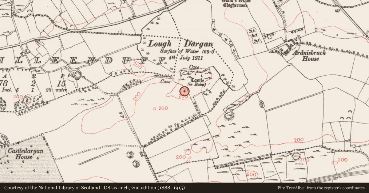 Ordnance Survey six-inch map, 2nd edition (1888–1915) covering the location of Building, Castledargan, County Sligo, with a pin at the register's coordinates