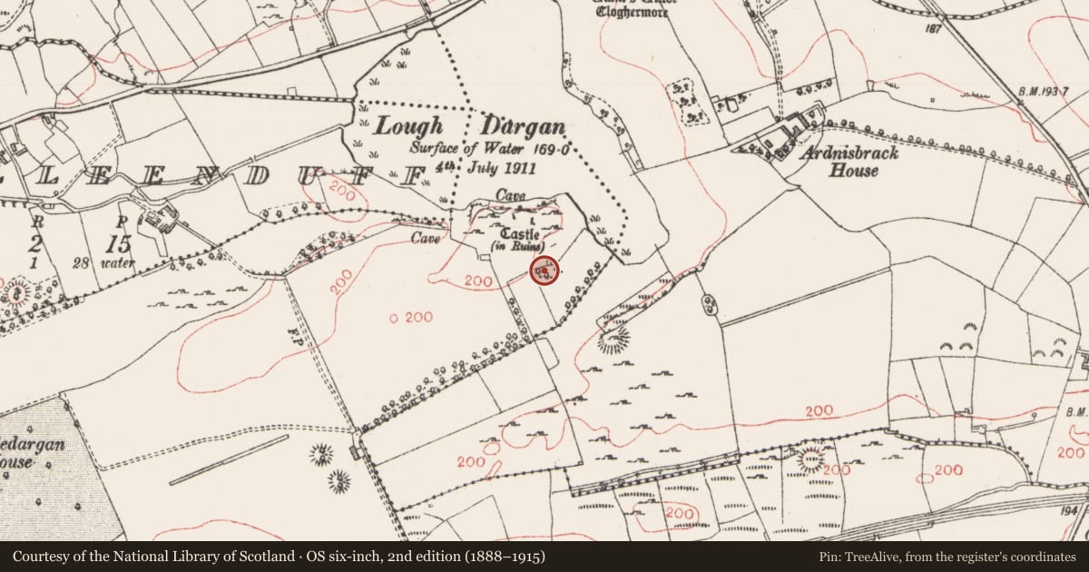 Ordnance Survey six-inch map, 2nd edition (1888–1915) covering the location of Building, Castledargan, County Sligo, with a pin at the register's coordinates