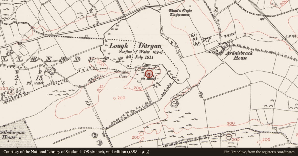 Ordnance Survey six-inch map, 2nd edition (1888–1915) covering the location of Bawn, Castledargan, County Sligo, with a pin at the register's coordinates
