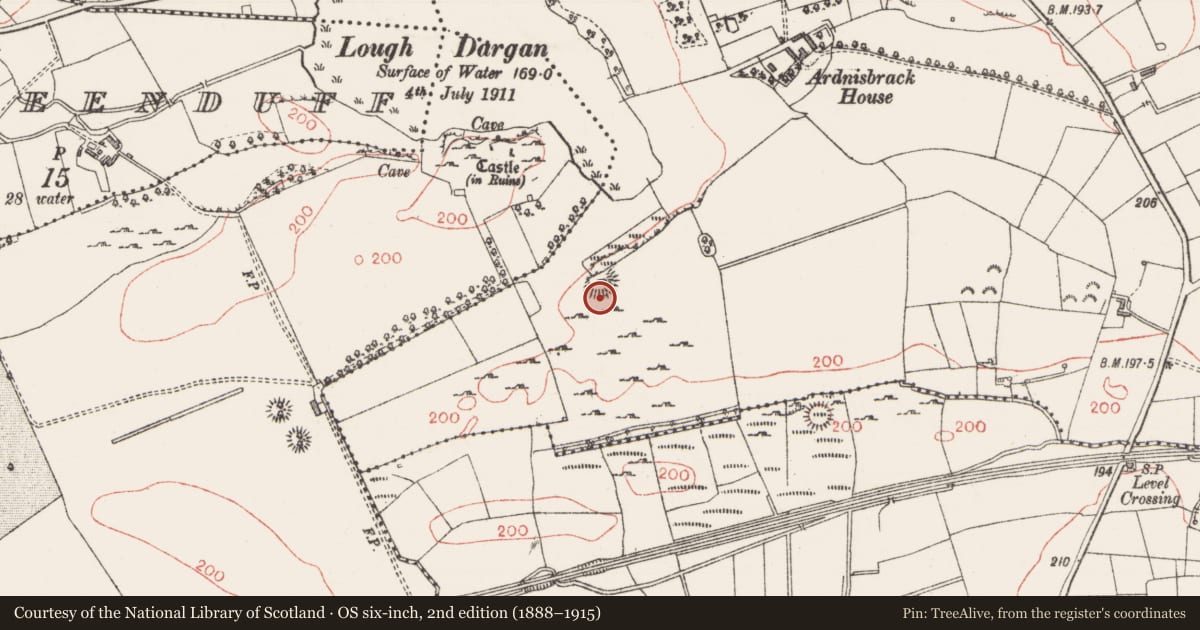 Ordnance Survey six-inch map, 2nd edition (1888–1915) covering the location of Cliff-edge fort, Arnasbrack, County Sligo, with a pin at the register's coordinates