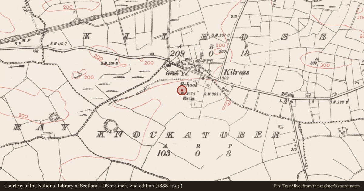Ordnance Survey six-inch map, 2nd edition (1888–1915) covering the location of Road - road/trackway, Knockatober, County Sligo, with a pin at the register's coordinates