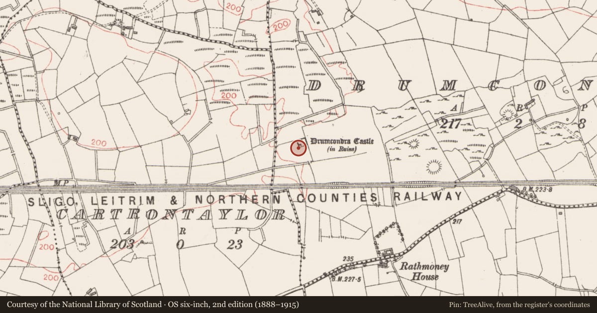 Ordnance Survey six-inch map, 2nd edition (1888–1915) covering the location of Castle - tower house, Drumcondra, County Sligo, with a pin at the register's coordinates