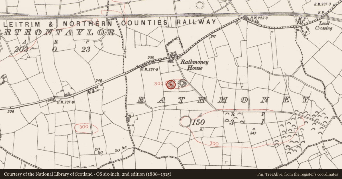 Ordnance Survey six-inch map, 2nd edition (1888–1915) covering the location of Ringfort - rath, Rathmoney, County Sligo, with a pin at the register's coordinates