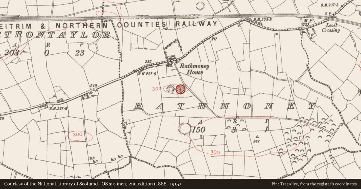 Ordnance Survey six-inch map, 2nd edition (1888–1915) covering the location of Ringfort - rath, Rathmoney, County Sligo, with a pin at the register's coordinates