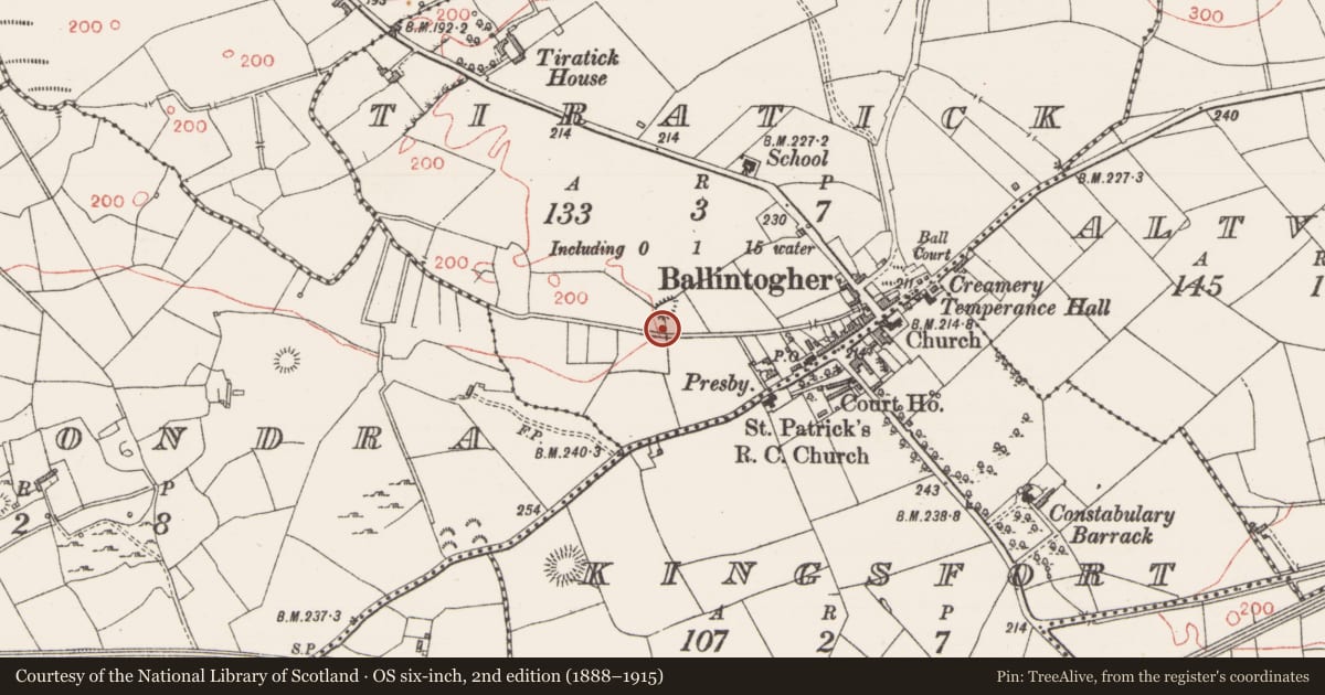 Ordnance Survey six-inch map, 2nd edition (1888–1915) covering the location of Souterrain, Tiratick, County Sligo, with a pin at the register's coordinates