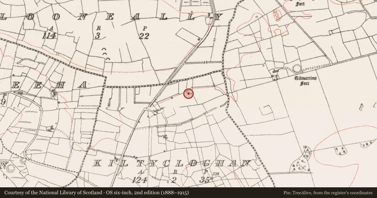 Ordnance Survey six-inch map, 2nd edition (1888–1915) covering the location of Quarry, Kiltycloghan, County Sligo, with a pin at the register's coordinates