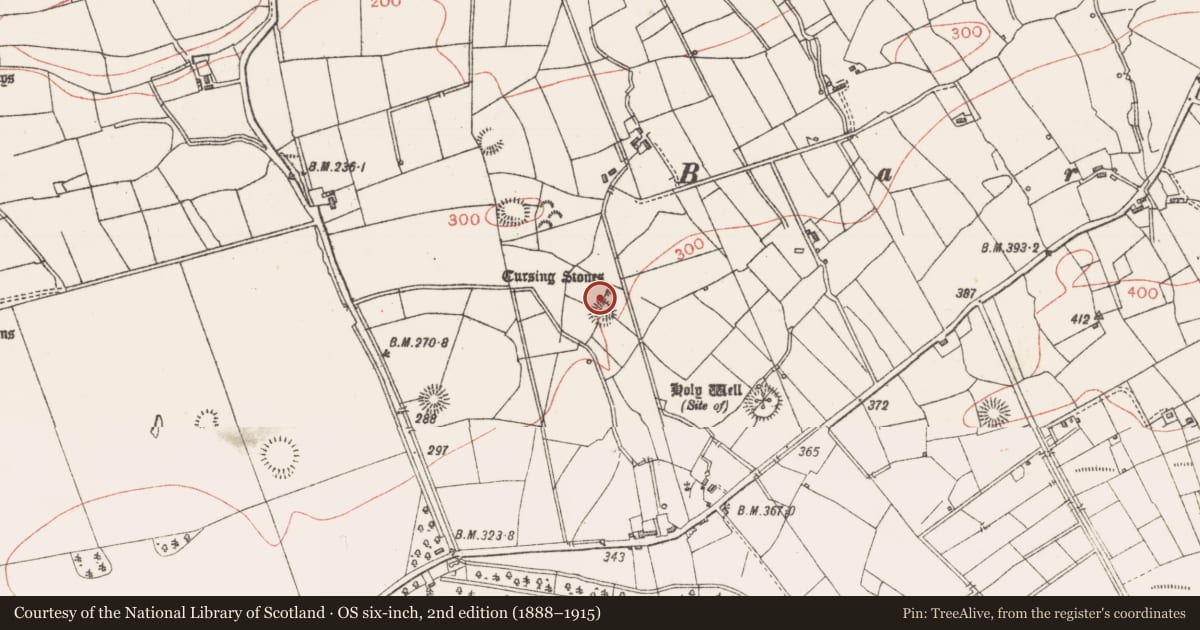 Ordnance Survey six-inch map, 2nd edition (1888–1915) covering the location of Cursing stone, Lavally, County Sligo, with a pin at the register's coordinates