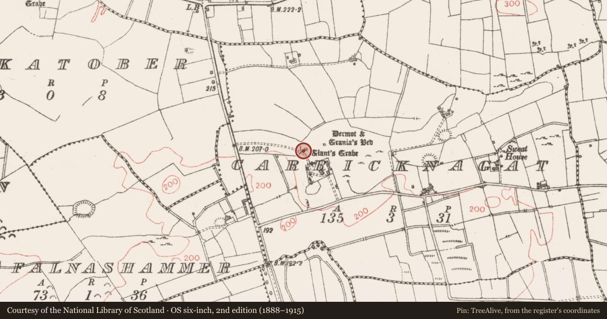 Ordnance Survey six-inch map, 2nd edition (1888–1915) covering the location of Megalithic tomb - court tomb, Carricknagat, County Sligo, with a pin at the register's coordinates