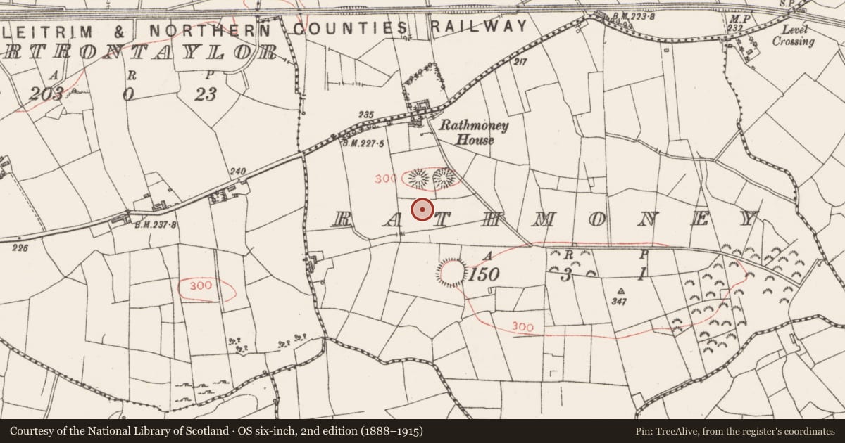Ordnance Survey six-inch map, 2nd edition (1888–1915) covering the location of Enclosure, Rathmoney, County Sligo, with a pin at the register's coordinates