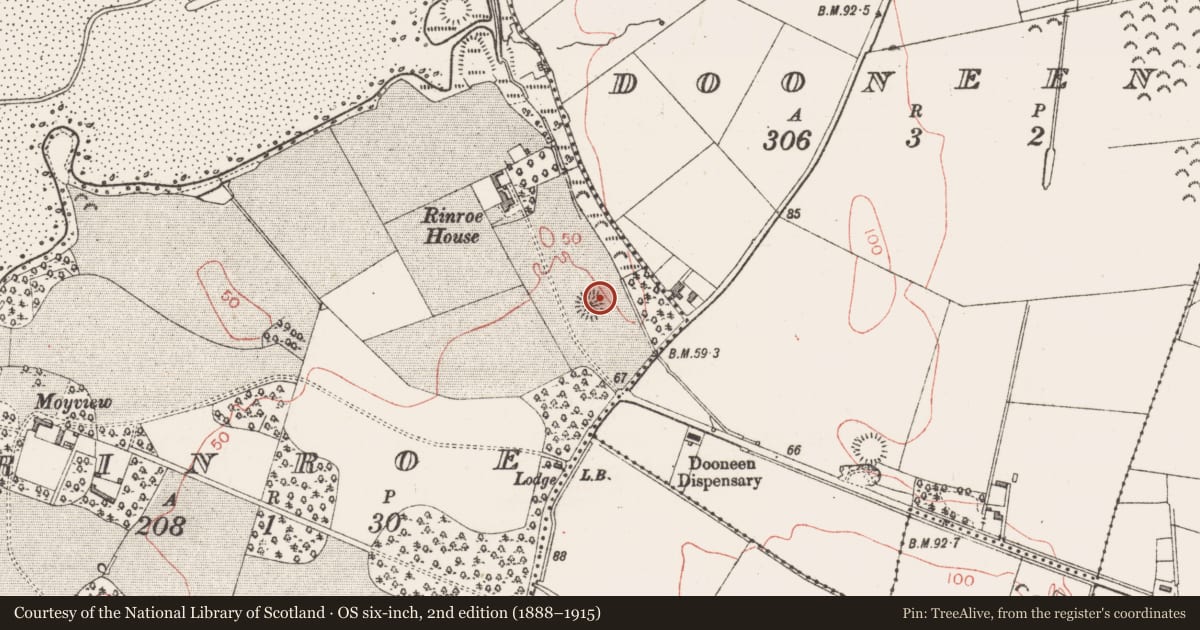 Ordnance Survey six-inch map, 2nd edition (1888–1915) covering the location of Ringfort - rath, Rinroe, County Sligo, with a pin at the register's coordinates