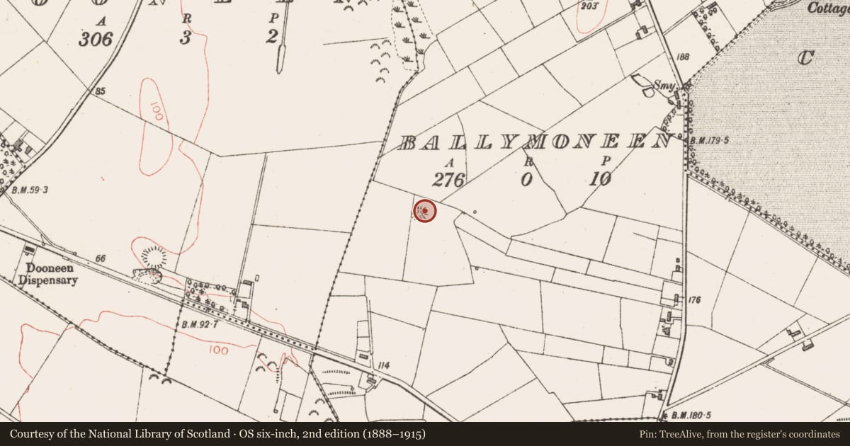 Ordnance Survey six-inch map, 2nd edition (1888–1915) covering the location of Ringfort - rath, Ballymoneen, County Sligo, with a pin at the register's coordinates