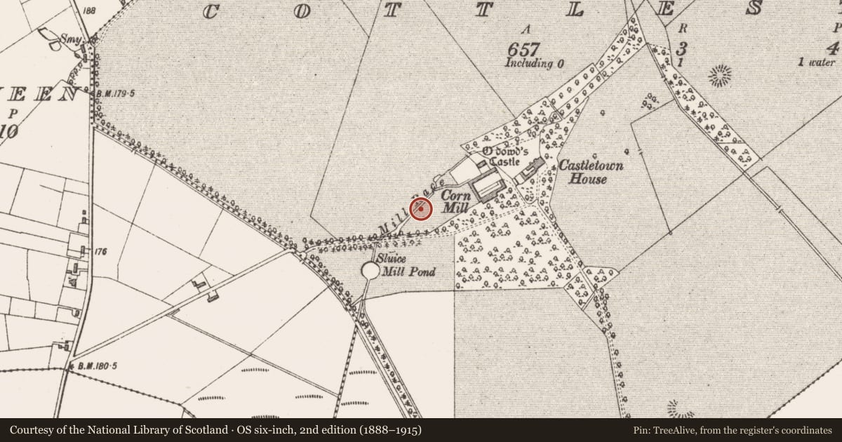 Ordnance Survey six-inch map, 2nd edition (1888–1915) covering the location of Milling complex, Cottlestown, County Sligo, with a pin at the register's coordinates
