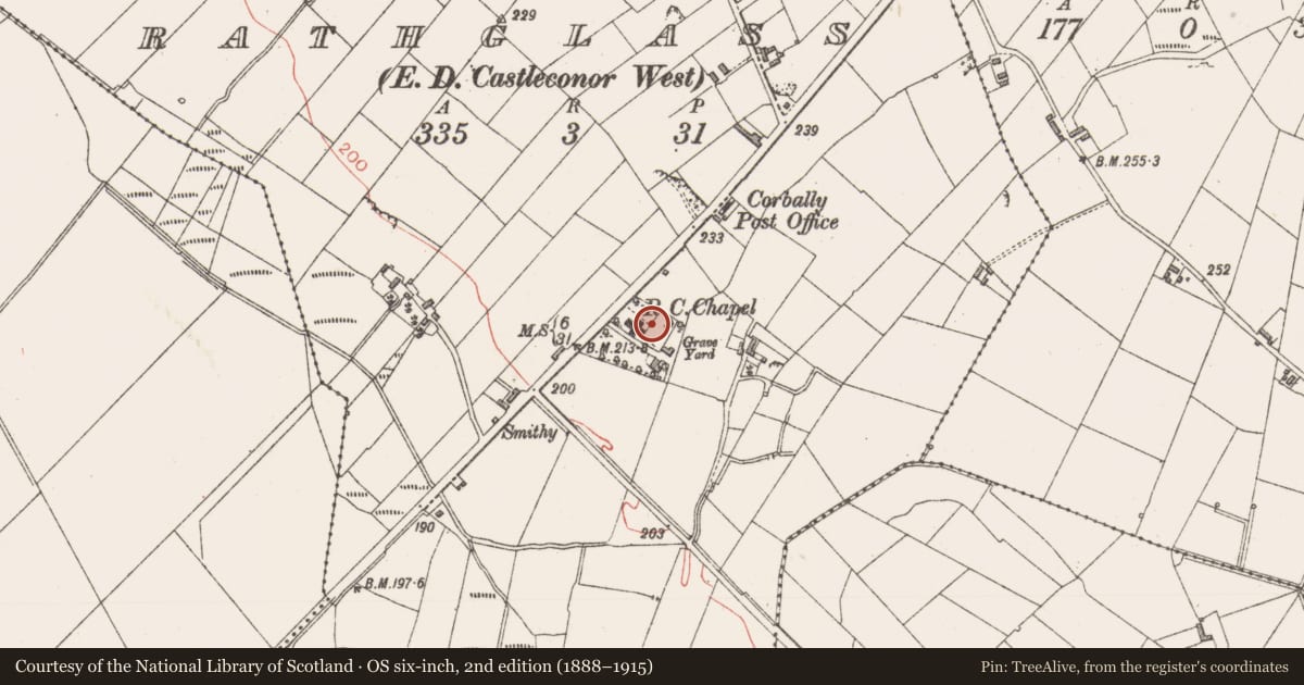 Ordnance Survey six-inch map, 2nd edition (1888–1915) covering the location of Font (present location), Rathglass, County Sligo, with a pin at the register's coordinates