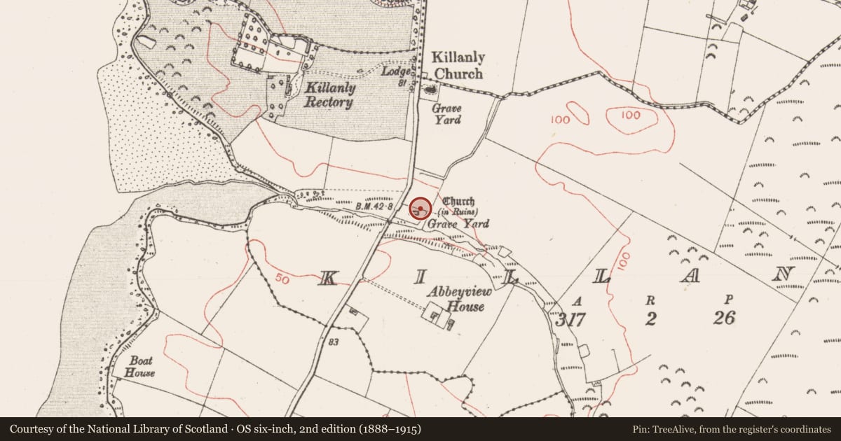 Ordnance Survey six-inch map, 2nd edition (1888–1915) covering the location of Church, Killanly, County Sligo, with a pin at the register's coordinates
