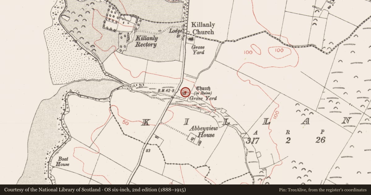 Ordnance Survey six-inch map, 2nd edition (1888–1915) covering the location of Graveyard, Killanly, County Sligo, with a pin at the register's coordinates