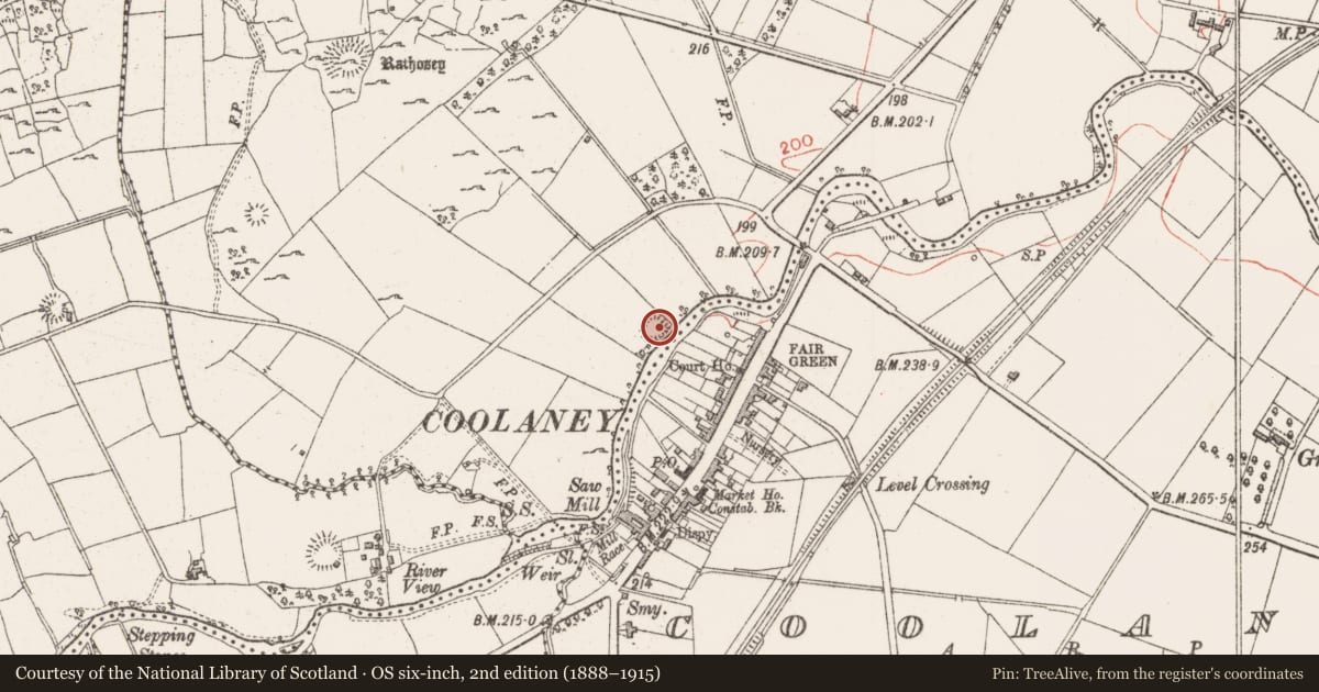 Ordnance Survey six-inch map, 2nd edition (1888–1915) covering the location of Castle - motte, Rathosey, County Sligo, with a pin at the register's coordinates