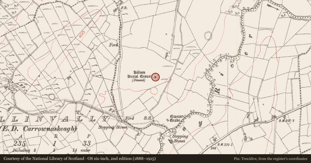 Ordnance Survey six-inch map, 2nd edition (1888–1915) covering the location of Children's burial ground, Gortakeeran, County Sligo, with a pin at the register's coordinates
