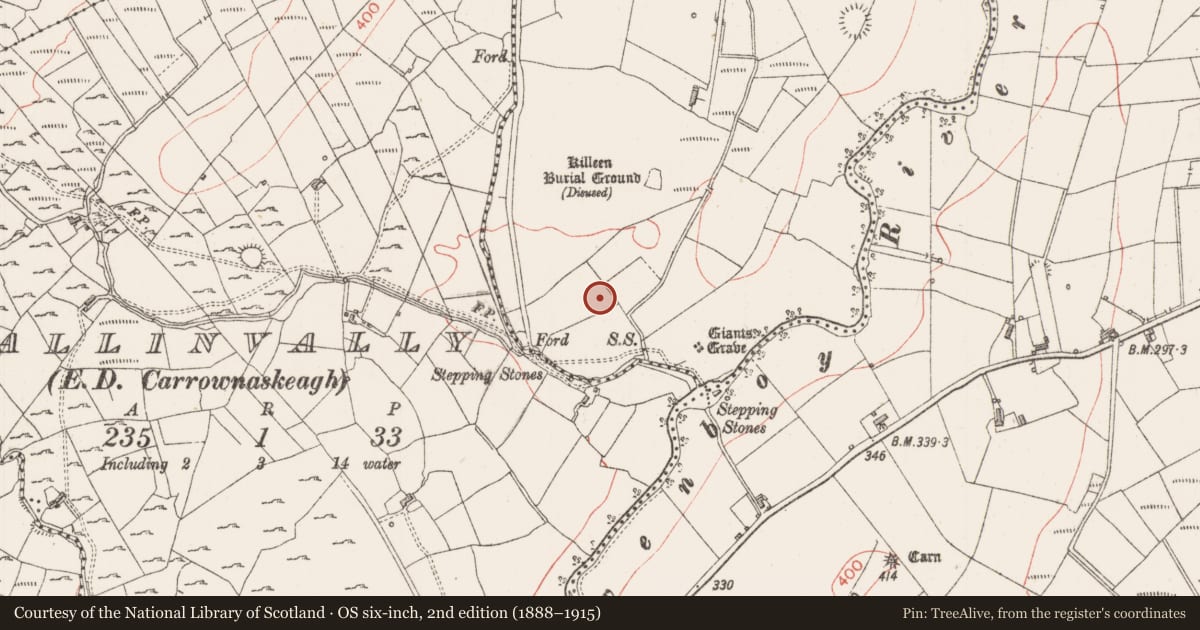 Ordnance Survey six-inch map, 2nd edition (1888–1915) covering the location of Enclosure, Gortakeeran, County Sligo, with a pin at the register's coordinates