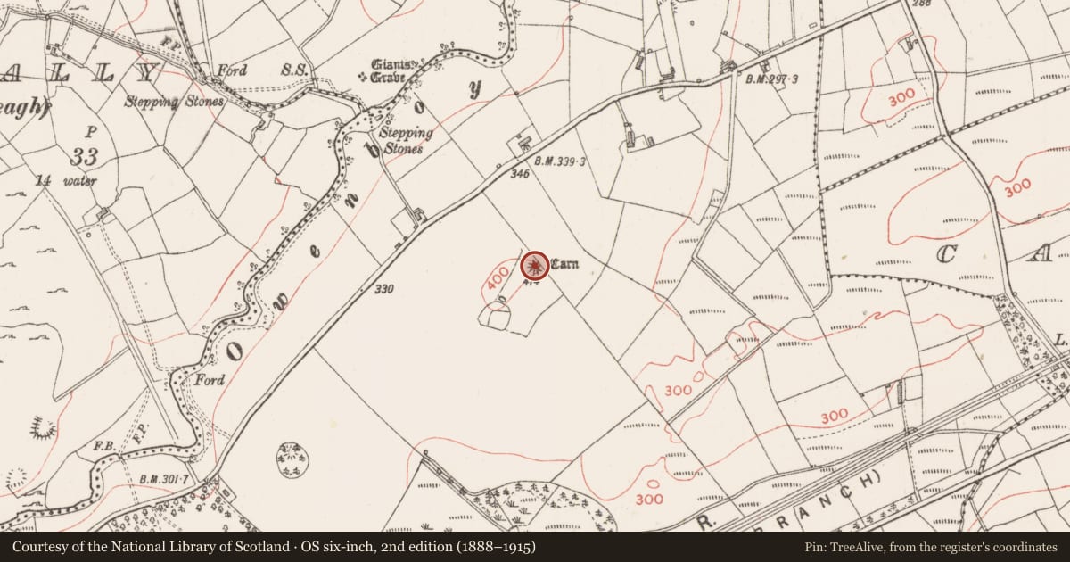 Ordnance Survey six-inch map, 2nd edition (1888–1915) covering the location of Barrow - bowl-barrow, Knockadoo, County Sligo, with a pin at the register's coordinates