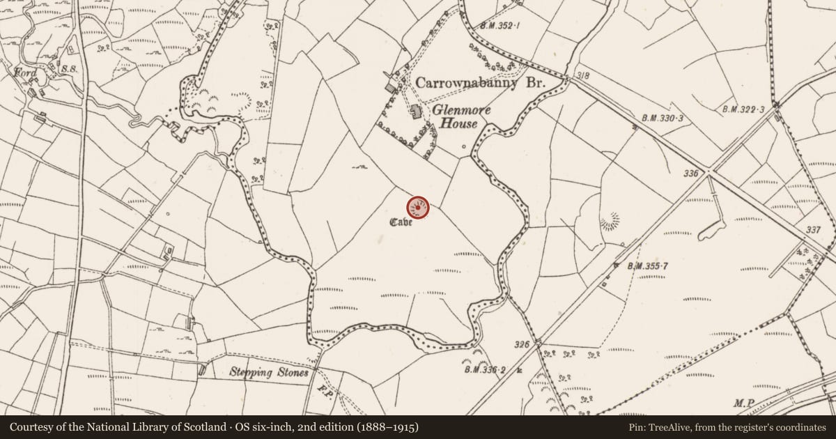Ordnance Survey six-inch map, 2nd edition (1888–1915) covering the location of Ringfort - rath, Carrownaskeagh, County Sligo, with a pin at the register's coordinates