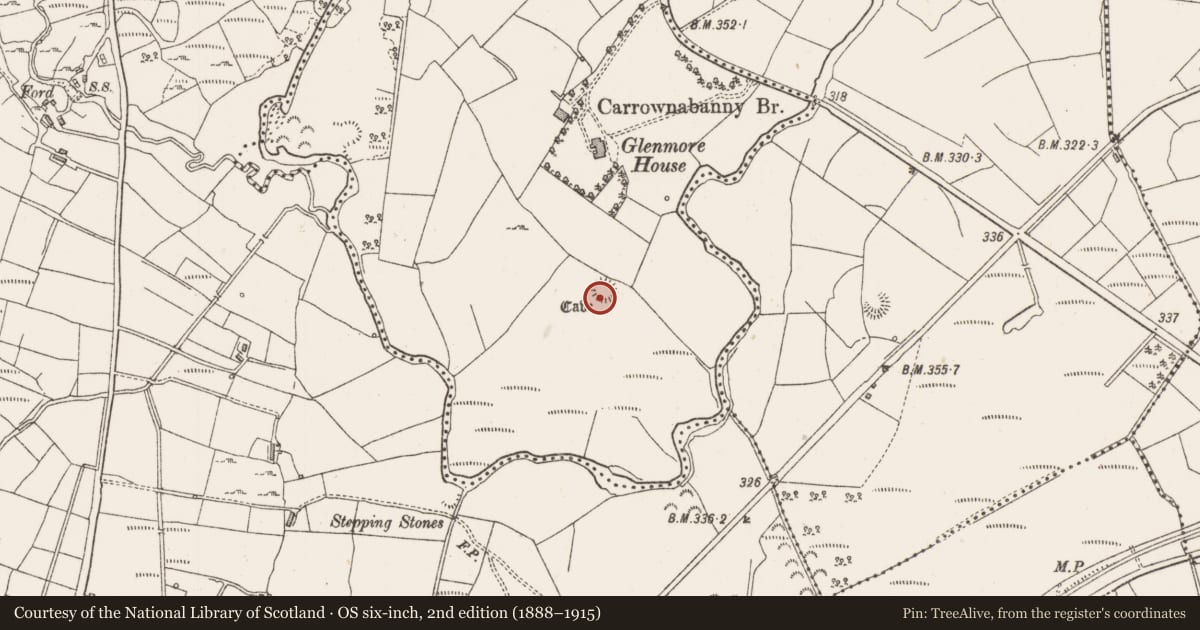 Ordnance Survey six-inch map, 2nd edition (1888–1915) covering the location of Souterrain, Carrownaskeagh, County Sligo, with a pin at the register's coordinates