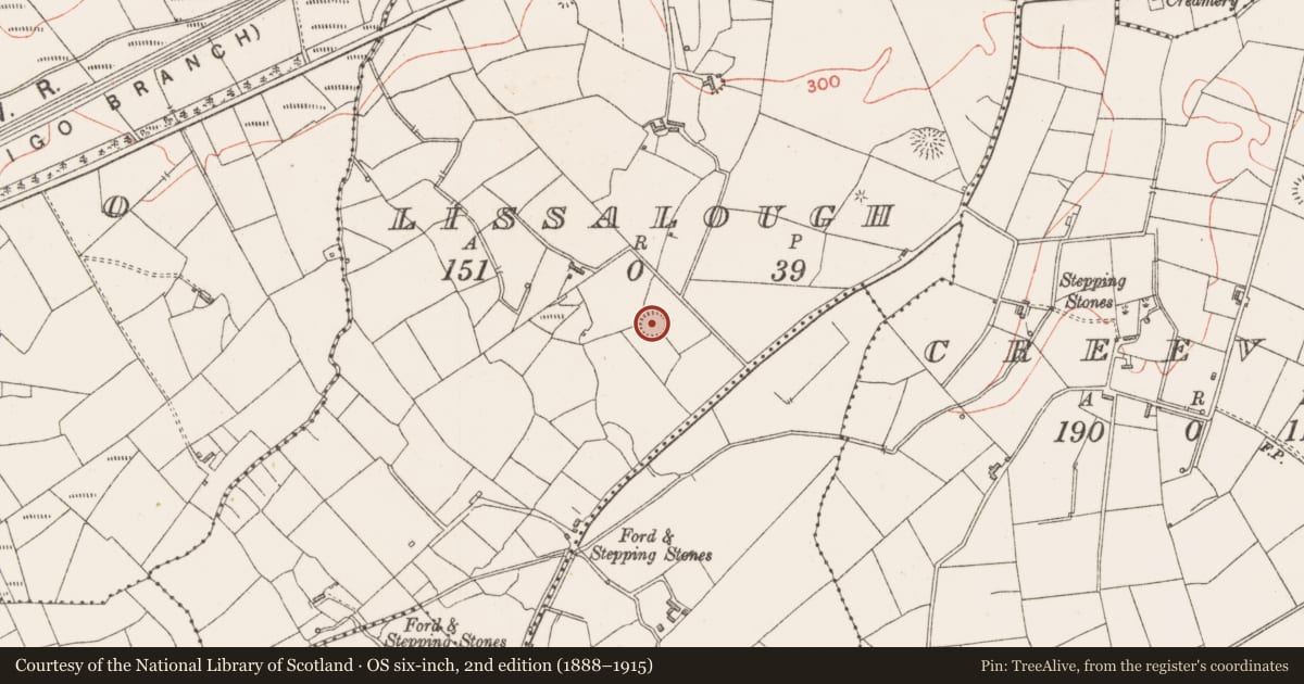 Ordnance Survey six-inch map, 2nd edition (1888–1915) covering the location of Ringfort - rath, Lissalough, County Sligo, with a pin at the register's coordinates