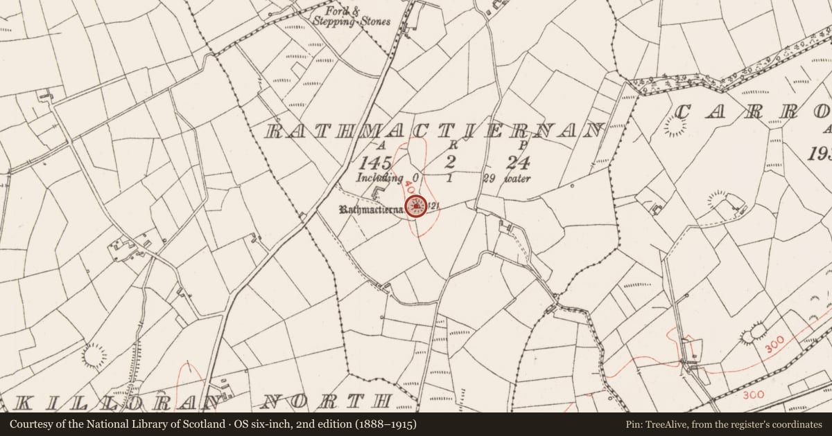 Ordnance Survey six-inch map, 2nd edition (1888–1915) covering the location of Ringfort - rath, Rathmactiernan, County Sligo, with a pin at the register's coordinates