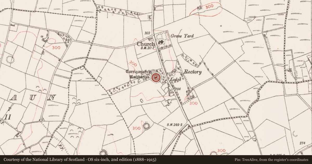 Ordnance Survey six-inch map, 2nd edition (1888–1915) covering the location of Cist, Rathbarran, County Sligo, with a pin at the register's coordinates