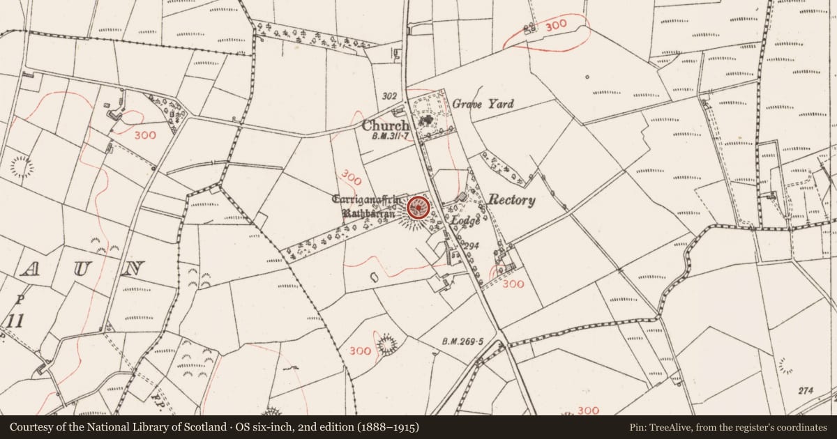 Ordnance Survey six-inch map, 2nd edition (1888–1915) covering the location of Mass-rock, Rathbarran, County Sligo, with a pin at the register's coordinates