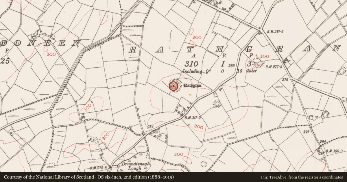 Ordnance Survey six-inch map, 2nd edition (1888–1915) covering the location of Ringfort - rath, Rathgran, County Sligo, with a pin at the register's coordinates