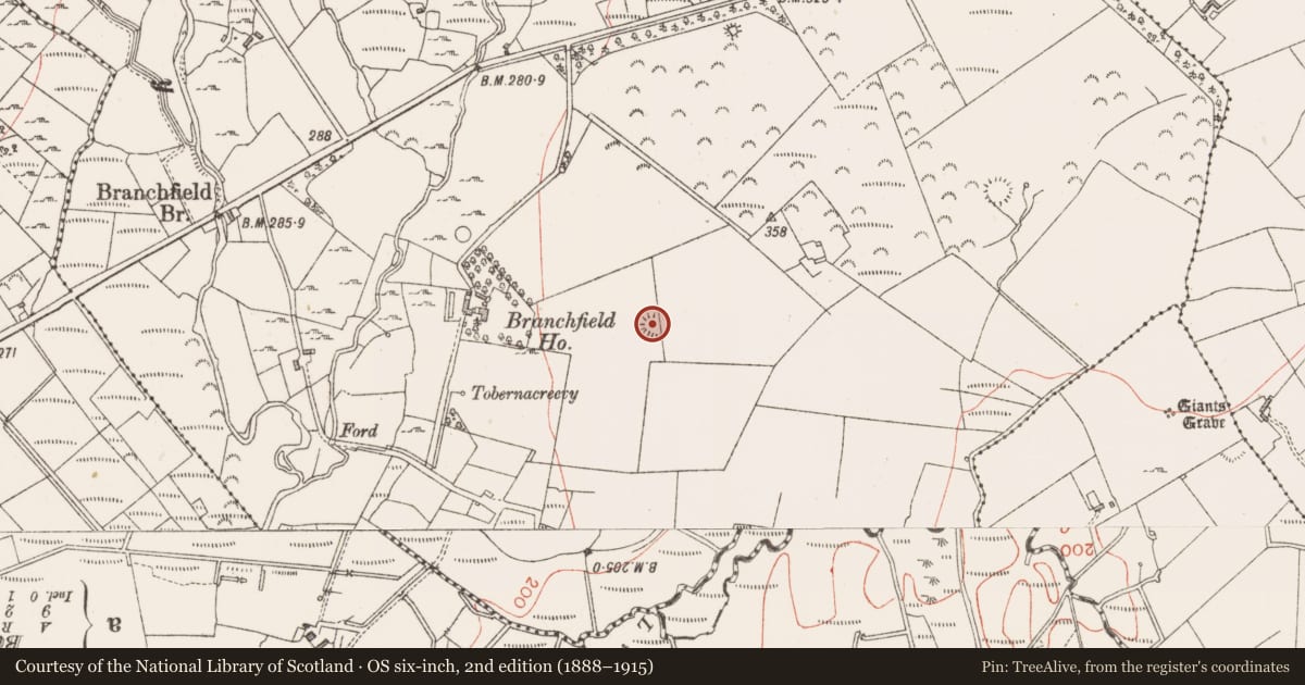 Ordnance Survey six-inch map, 2nd edition (1888–1915) covering the location of Ringfort - rath, Carrownacreevy, County Sligo, with a pin at the register's coordinates