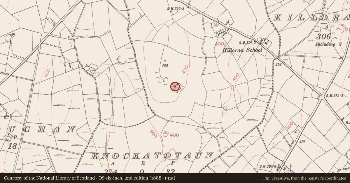 Ordnance Survey six-inch map, 2nd edition (1888–1915) covering the location of Ringfort - rath, Knockatotaun, County Sligo, with a pin at the register's coordinates