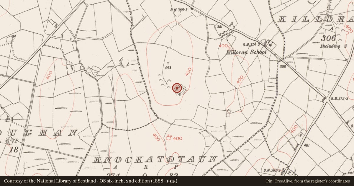 Ordnance Survey six-inch map, 2nd edition (1888–1915) covering the location of Hut site, Knockatotaun, County Sligo, with a pin at the register's coordinates