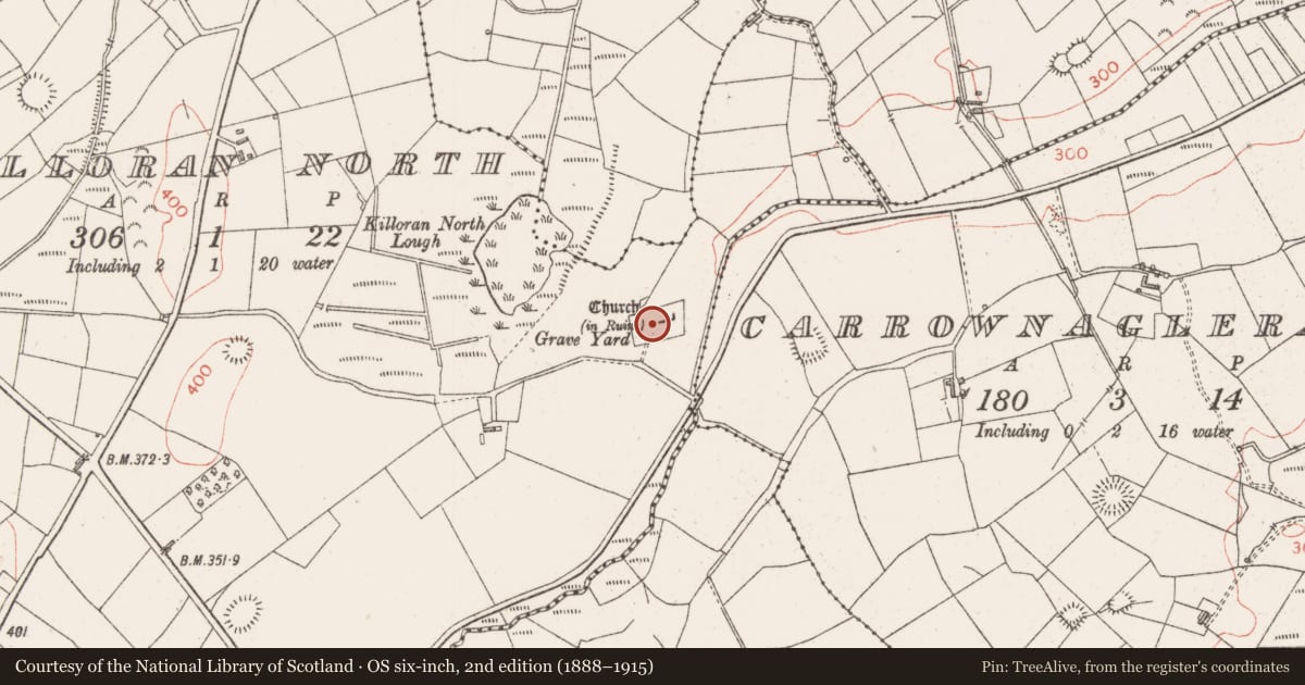 Ordnance Survey six-inch map, 2nd edition (1888–1915) covering the location of Graveyard, Killoran North, County Sligo, with a pin at the register's coordinates