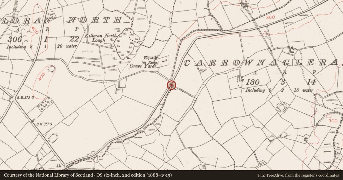 Ordnance Survey six-inch map, 2nd edition (1888–1915) covering the location of Road - road/trackway, Killoran North, County Sligo, with a pin at the register's coordinates