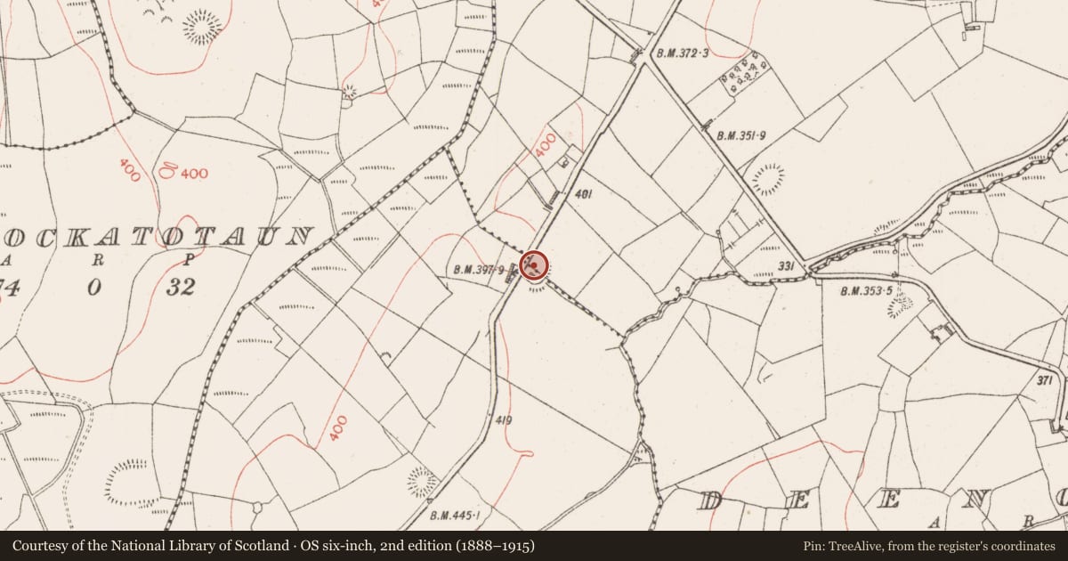 Ordnance Survey six-inch map, 2nd edition (1888–1915) covering the location of Enclosure, Killoran North, Killoran South, County Sligo, with a pin at the register's coordinates