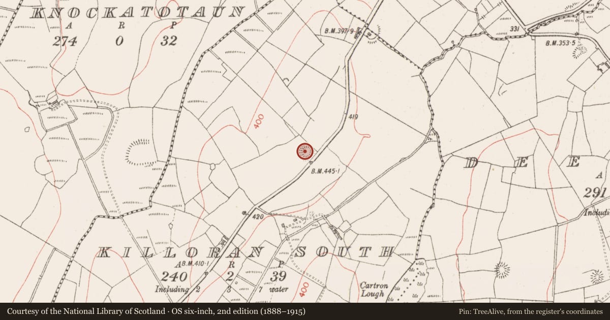 Ordnance Survey six-inch map, 2nd edition (1888–1915) covering the location of Ringfort - rath, Killoran South, County Sligo, with a pin at the register's coordinates