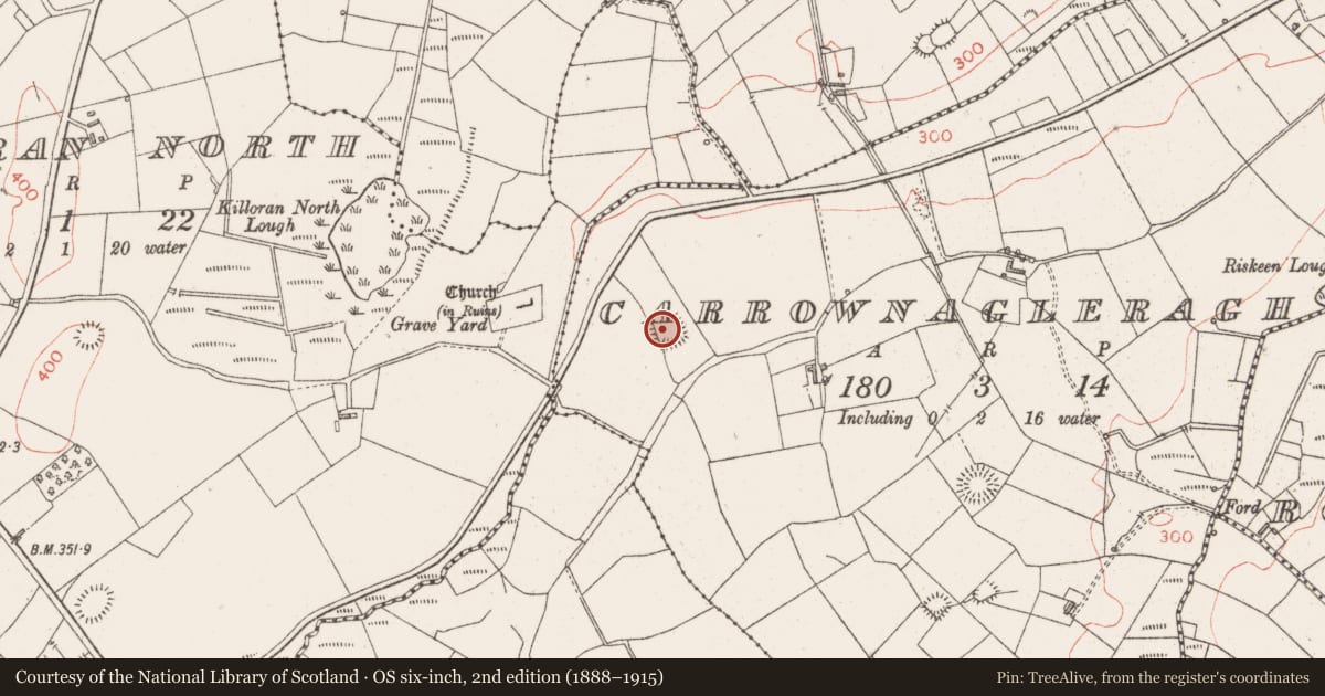 Ordnance Survey six-inch map, 2nd edition (1888–1915) covering the location of Enclosure, Carrownagleragh, County Sligo, with a pin at the register's coordinates