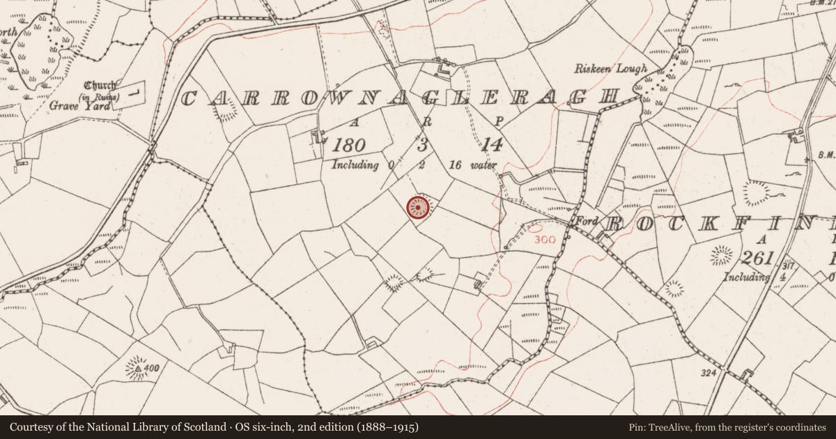 Ordnance Survey six-inch map, 2nd edition (1888–1915) covering the location of Ringfort - rath, Carrownagleragh, County Sligo, with a pin at the register's coordinates