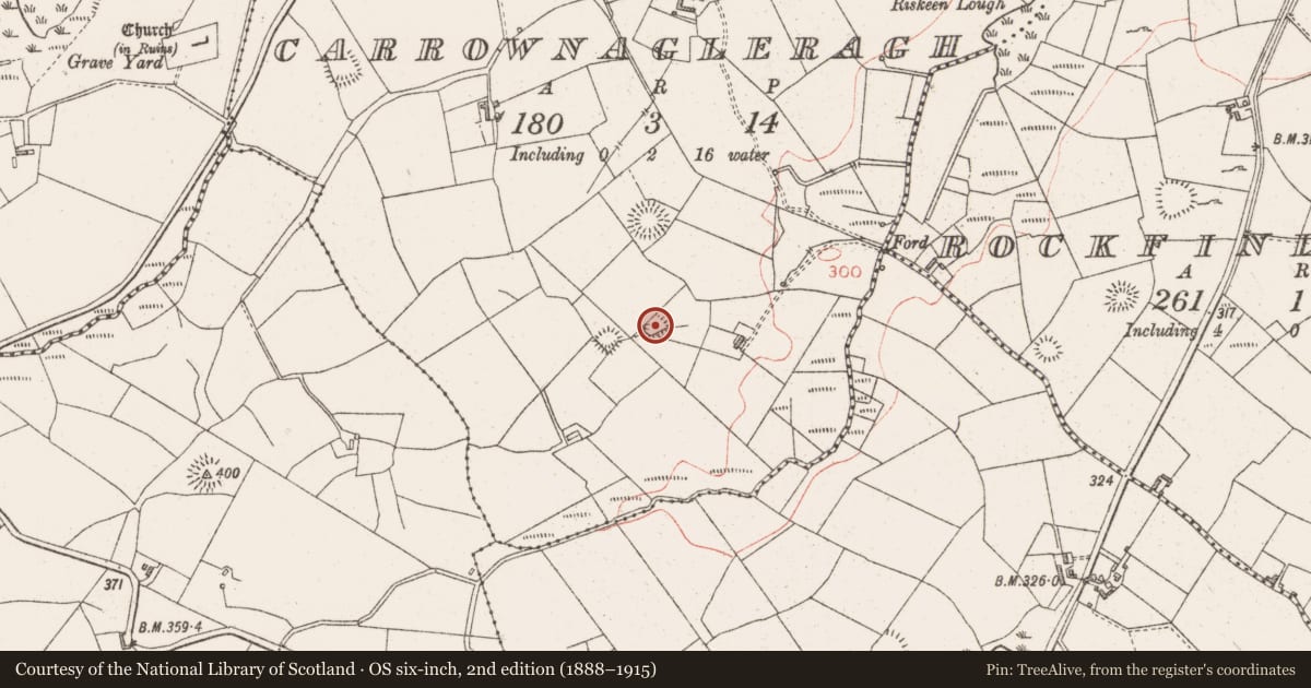 Ordnance Survey six-inch map, 2nd edition (1888–1915) covering the location of Enclosure, Carrownagleragh, County Sligo, with a pin at the register's coordinates