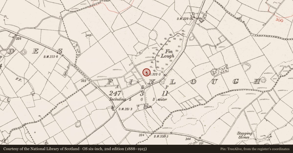 Ordnance Survey six-inch map, 2nd edition (1888–1915) covering the location of Crannog, Finlough, County Sligo, with a pin at the register's coordinates