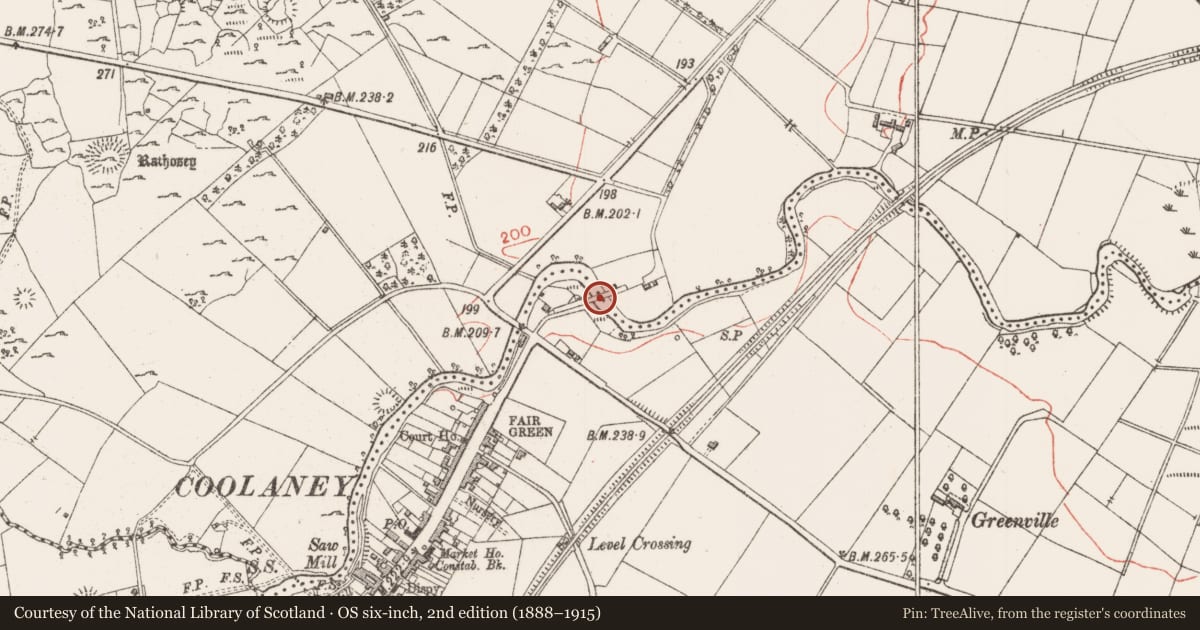 Ordnance Survey six-inch map, 2nd edition (1888–1915) covering the location of Bridge, Coolaney, County Sligo, with a pin at the register's coordinates